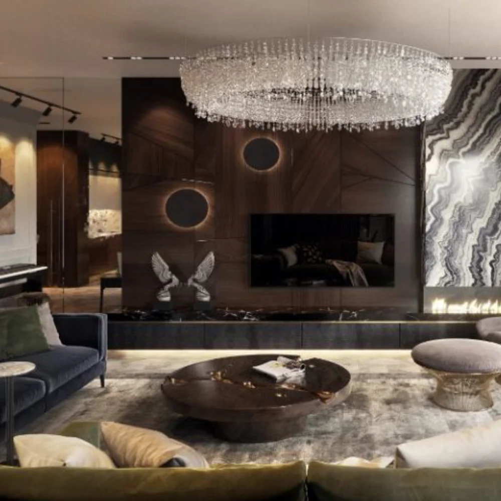 Luxury Apartment Interior Design featuring a marble TV wall, fireplace, and grand chandelier.