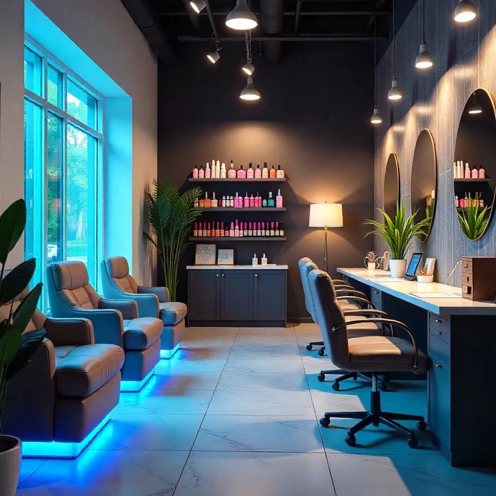 Luxury Spa and Salon Interior Design featuring golden mosaic walls and crystal chandeliers.