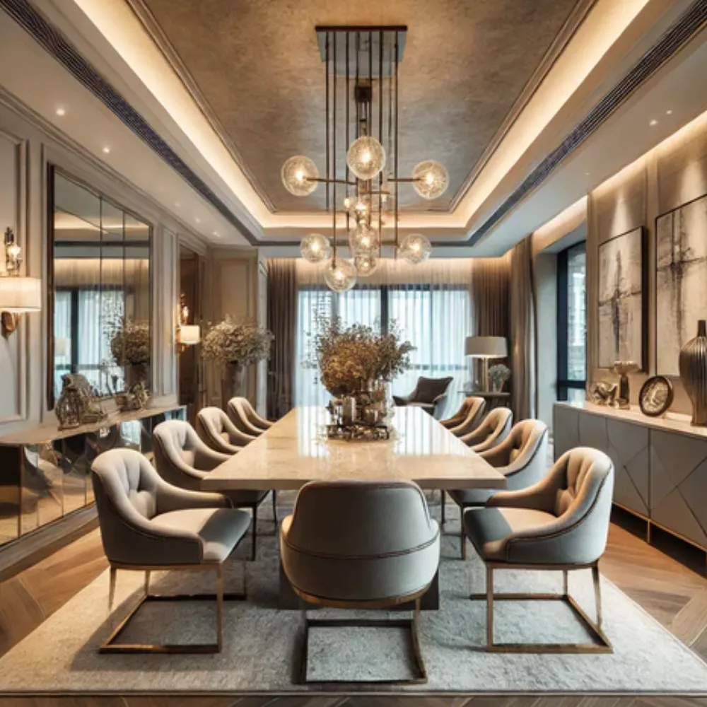 Luxury dining area interior design in UAE with elegant table setup and ambient lighting.