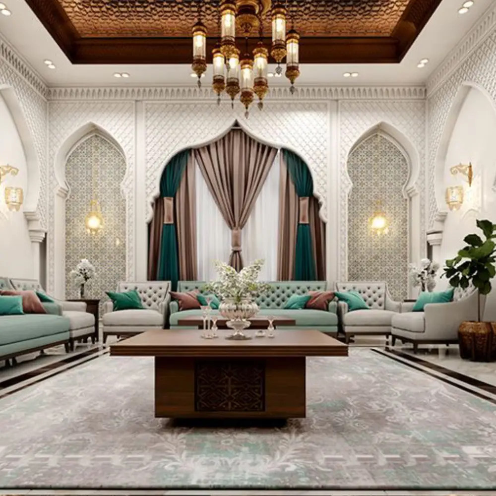 Luxury majlis interior design in UAE with elegant seating, Arabic decor, and premium finishes.