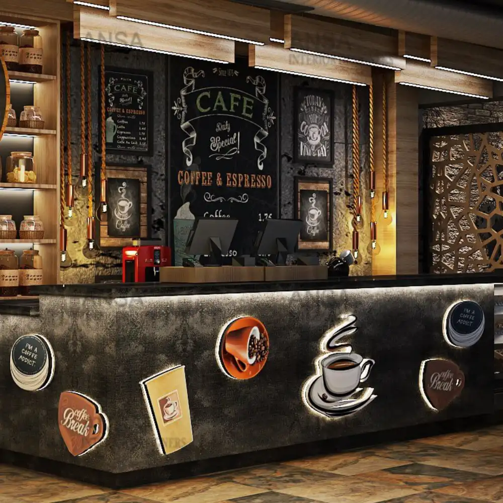 Rustic Restaurant and Café Interior Design featuring industrial lighting and custom wood accents.